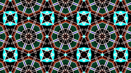 Elegant star-shaped mandala Art with a beautiful kaleidoscopic pattern and many small colorful details. 