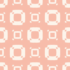 Vector abstract geometric seamless pattern. Simple minimal ornament texture with square shapes, grid, repeat tiles. Elegant background in pastel colors, pink and beige. Cute design for decor, textile