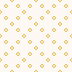 Fototapeta na wymiar Vector minimalist geometric seamless pattern. Simple abstract texture with small crosses, flower silhouettes in square grid. Subtle yellow and white minimal background. Pixel art. Repeating design