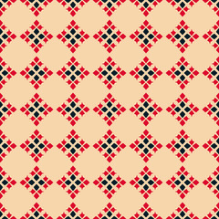 Traditional folk ornament. Vector geometric seamless pattern. Tribal ethnic motif background. Ornamental texture with rhombuses, flower shapes, diamonds. Red, black and beige colors. Repeating design
