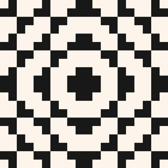 Vector geometric traditional folklore ornament. Fair isle seamless pattern. Tribal ethnic motif. Ornamental texture with squares, crosses, embroidery, knitting. Black and white repeatable background