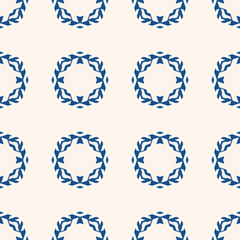 Vector ornamental seamless pattern with floral silhouettes, diamond shapes. Vintage abstract geometric background. Simple blue and white ornament texture. Repeat design for decor, fabric, ceramic