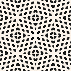 Vector seamless mesh pattern. Simple black and white geometric texture. Monochrome illustration with curved grid, tissue, net, small leaves, petals. Endless abstract background. Minimal repeat design