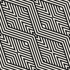 Vector geometric lines seamless pattern. Modern monochrome texture with stripes, thin diagonal lines, tapes, chevron, zigzag, rhombuses. Abstract black and white graphic design. Simple background