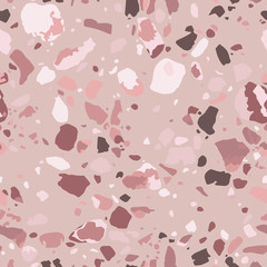 Roze terrazzo vloer naadloos patroon. Vectortextuur van mozaïekvloer met natuursteen, graniet, marmer, kwarts. Klassiek Italiaans vloeroppervlak. Trendy herhalingsontwerp voor keramiek, woondecoratie, print