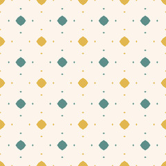 Vector abstract colorful seamless pattern. Retro style ornamental background. Yellow, teal and beige color. Simple geometric texture with small diamonds, rhombuses, dots. Elegant vintage repeat design