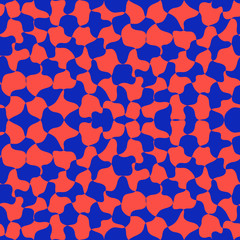 Vector abstract seamless geometric pattern. Vibrant background with fluid shapes, spots, blots, wavy mesh. Simple neon blue and red checkered texture. Repeat design for decor, package, covers, print