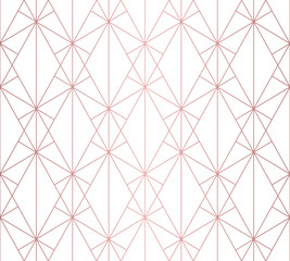 Rose gold linear pattern. Vector geometric lines seamless texture. Golden ornament with delicate grid, lattice, net, diamonds, rhombuses, thin cross lines. Luxury abstract repeat graphic background