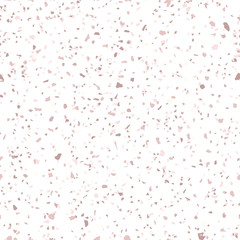 Rose gold terrazzo texture. Vector seamless pattern with chaotic scattered golden confetti on white background. Terazzo mosaic flooring background. Luxury repeat design. Holiday festive fun concept