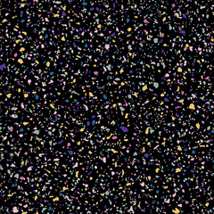 Terrazzo texture. Colorful confetti seamless pattern. Vector abstract background with small randomly scattered dots. Dark terazzo pattern. Pink, purple, blue, yellow, green spots on black backdrop