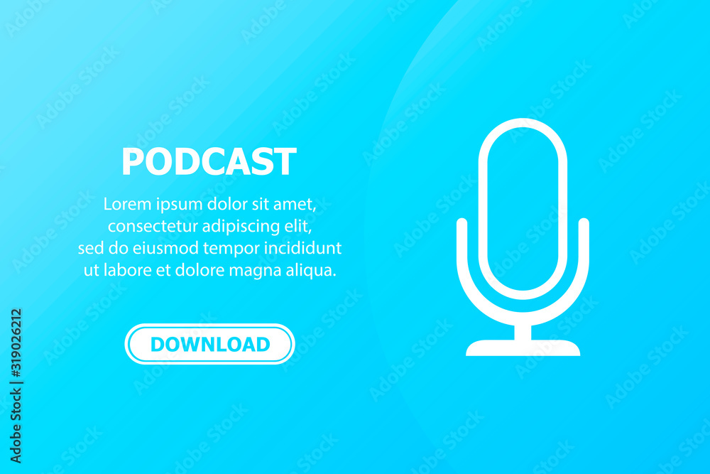 Poster white microphone icon and text on the left and a button on the bottom on a blue background.