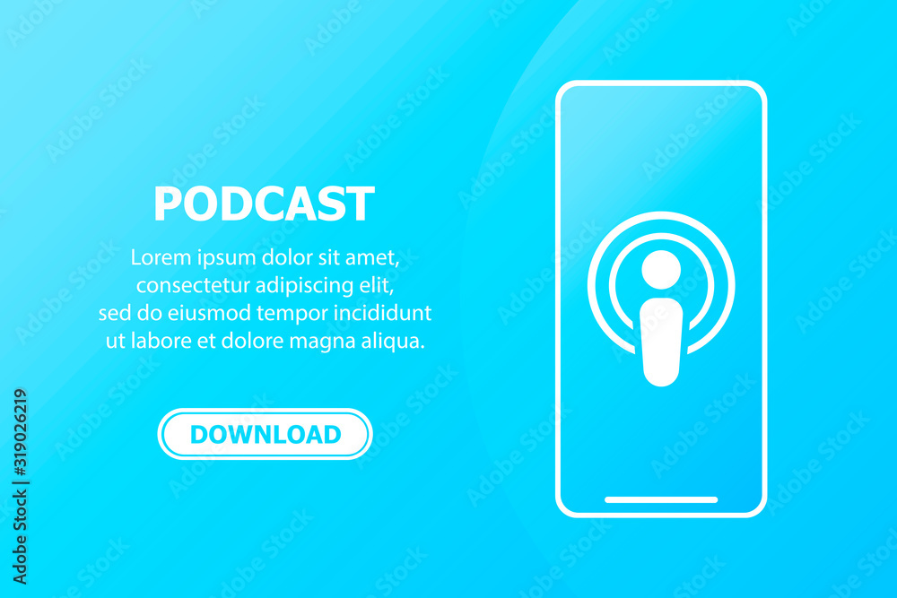 Aufkleber white podcast icon in phone and text on left and bottom button on blue background.