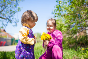 Girl sitting on grass and giving blooming yellow dandelion flowers to small boy in jumpsuit outdoors on green nature on summer sunny clear day. Happy childhood concept