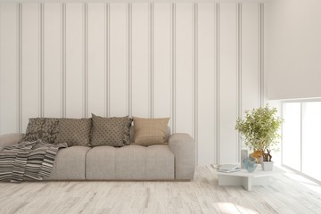 Stylish room in white color with sofa. Scandinavian interior design. 3D illustration