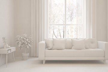 Mock up of stylish room in white color with sofa and winter landscape in window. Scandinavian interior design. 3D illustration