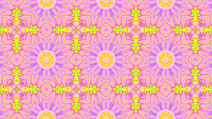 Elegant star-shaped mandala Art with a beautiful kaleidoscopic pattern and many small colorful details. 