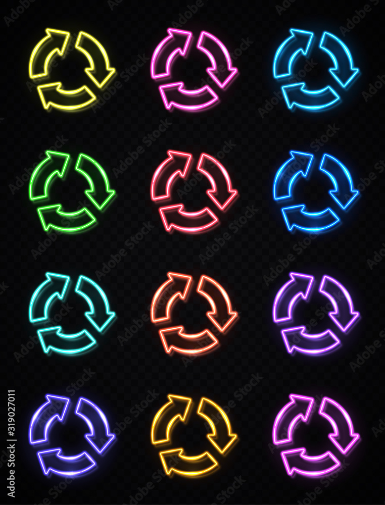 Poster arrow circle icon set. 3d color neon signs on dark transparent background. glowing refresh reload ro