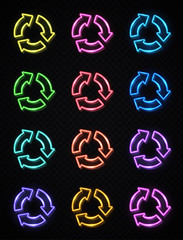 Arrow circle icon set. 3d color neon signs on dark transparent background. Glowing refresh reload rotation loop symbol. Electric lamp technology outline. 3 arrows circle. Bright vector illustration.