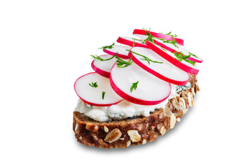 Radish avocado and ricotta avocado  rye sandwiches on a white isolated background