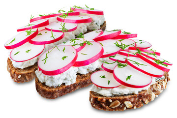 Radish avocado and ricotta avocado  rye sandwiches on a white isolated background