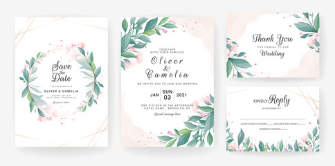 Fototapeta na wymiar Wedding invitation card template set with leaves, small flowers, watercolor background, and gold line. Floral border for save the date, greeting, thank you, RSVP, etc. Botanic illustration vector