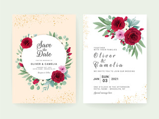 Wedding invitation card template set with floral frame and border. Rose, anemone flowers, and leaves decoration for save the date, greeting, poster, cover, etc. Botanic illustration vector