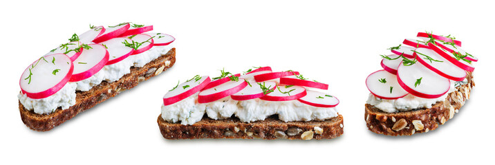 Radish avocado and ricotta avocado  rye sandwiches on a white isolated background