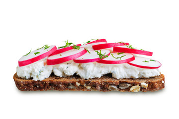 Radish avocado and ricotta avocado  rye sandwiches on a white isolated background