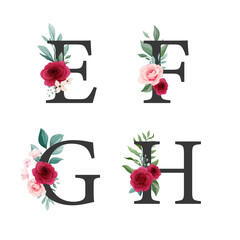 Floral alphabet set of peach and burgundy roses elements. Letters E, F, G, H with flowers decoration. Botanic illustration for wedding invitation and valentine card design composition vector