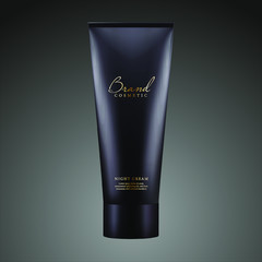 Black Tube blank product packaging design for Advertising skin care or health, 3D Illustration and Rendering die cut isolated. Gold text. 