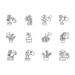 Houseplant caring pixel perfect linear icons set. Plant transplant. Watering, fertilizing. Spraying. Customizable thin line contour symbols. Isolated vector outline illustrations. Editable stroke