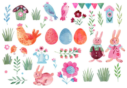 Big collection of spring and easter symbols: easter eggs, bunnies, chickens, birds, birdhouses, flags, grass, flowers branches