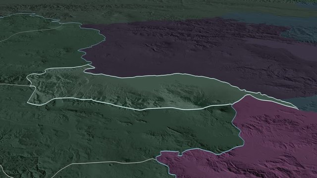 Iğdır, province with its capital, zoomed and extruded on the administrative map of Turkey in the conformal Stereographic projection. Animation 3D