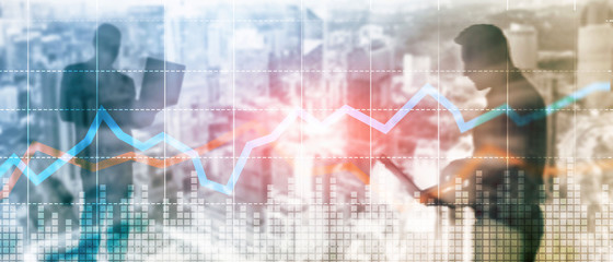Business Financial Trading Investment concept graph virtual screen double exposure.