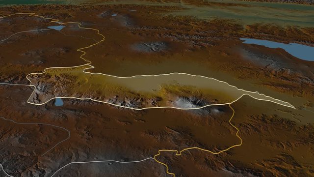 Iğdır, province with its capital, zoomed and extruded on the relief map of Turkey in the conformal Stereographic projection. Animation 3D