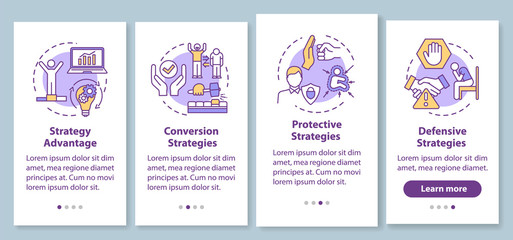 Business strategies onboarding mobile app page screen with concepts. Management. Marketing walkthrough 4 steps graphic instructions. UI vector template with RGB color illustrations