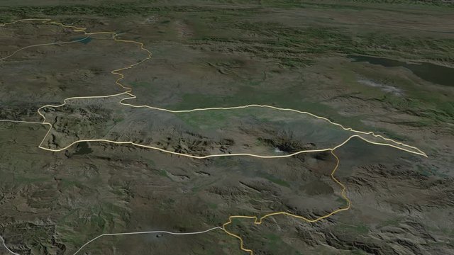 Iğdır, province with its capital, zoomed and extruded on the satellite map of Turkey in the conformal Stereographic projection. Animation 3D