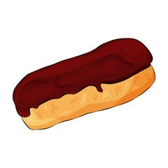 French Appetizing Eclair With Chocolate Glaze Isolated On the White Background. Cartoon Flat Style. Vector Illustration