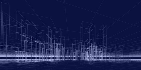 Abstract architectural background. Linear 3D illustration. Graphic cityscape concept