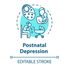 Postnatal depression concept icon. Postpartum depression. PPD. Stressed young mother. Mood disorder idea thin line illustration. Vector isolated outline RGB color drawing. Editable stroke