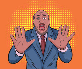 A shocking black business man.Pop art vector illustration drawing. Comic book work style.