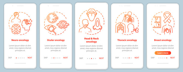 Fototapeta na wymiar Oncology onboarding mobile app page screen with concepts. Ocular oncology. Cancer treatment walkthrough five steps graphic instructions. Thoracic cancer. UI vector template, RGB color illustrations
