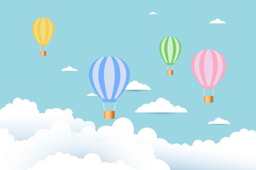 Colorful hot air balloons and yellow paper airplane flying on clouds and blue sky paper art style.Vector illustration.