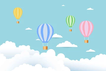 Cercles muraux Montgolfière Colorful hot air balloons and yellow paper airplane flying on clouds and blue sky paper art style.Vector illustration.