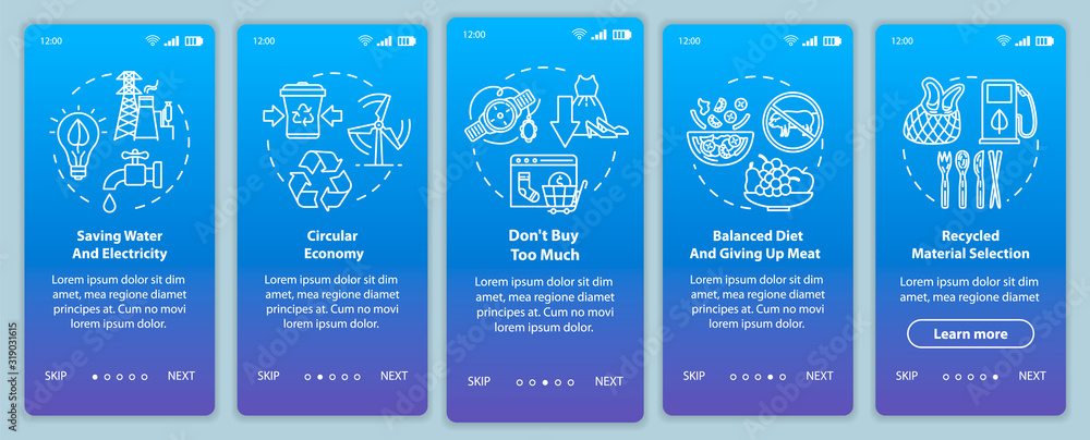 Poster responsible consumption onboarding mobile app page screen with concepts. recycle, ecology. consumeri