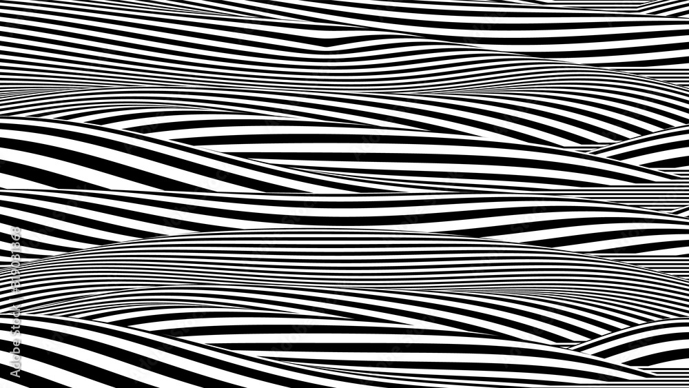 Aufkleber trendy 3d black and white stripes distorted backdrop. abstract noise landscape. procedural ripple ba