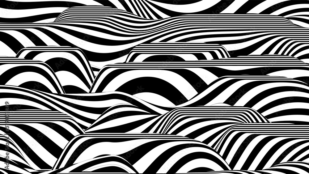 Aufkleber trendy 3d black and white stripes distorted backdrop. abstract noise landscape. procedural ripple ba
