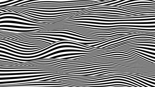 Trendy 3D Black And White Stripes Distorted Backdrop. Abstract Noise Landscape. Procedural Ripple Background With Optical Illusion Effect.