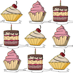 A seamless pattern of scattered cakes and pastries on the surface. Vector illustration.