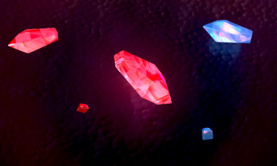 Red and blue gemstones background. Ruby, aqumarine, topaz, red diamonds on black background. 3d render